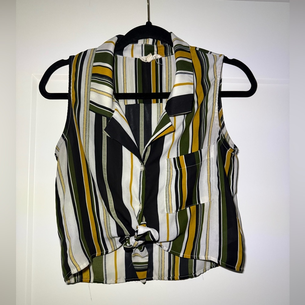 Striped Sleeveless Button-Up Tie-Front Shirt
